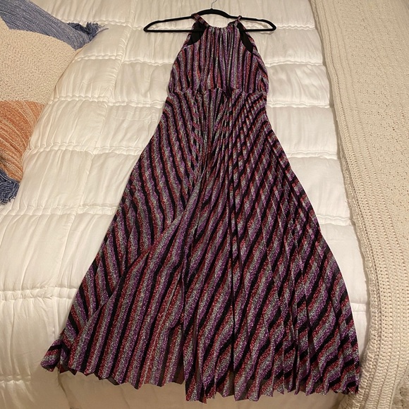 Purple Multi Striped Pleated Halter Midi Dress - Picture 8 of 8